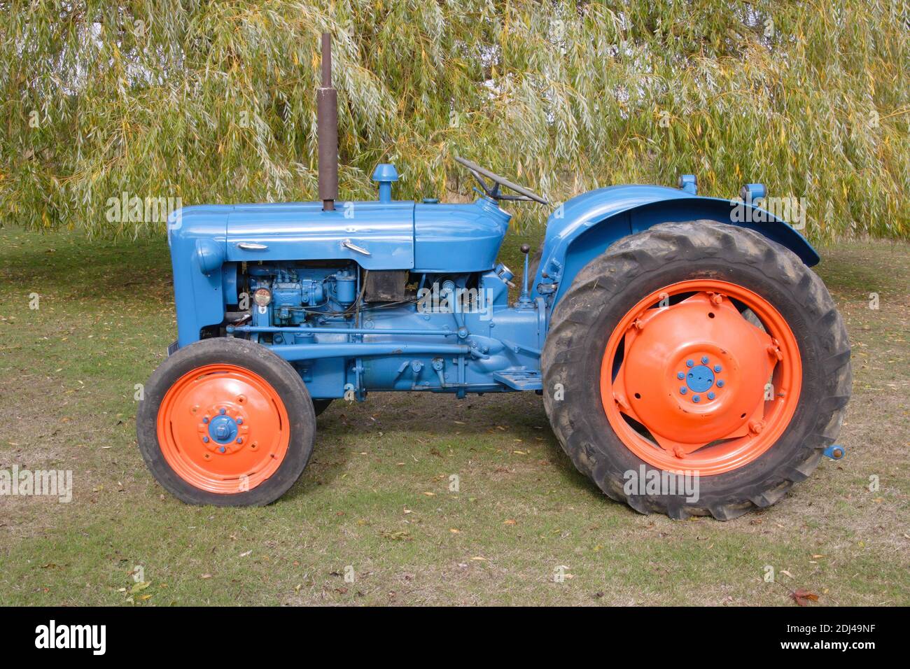Seitenansicht eines Fordson Dexta blauen Traktors in einem Wiese Stockfoto