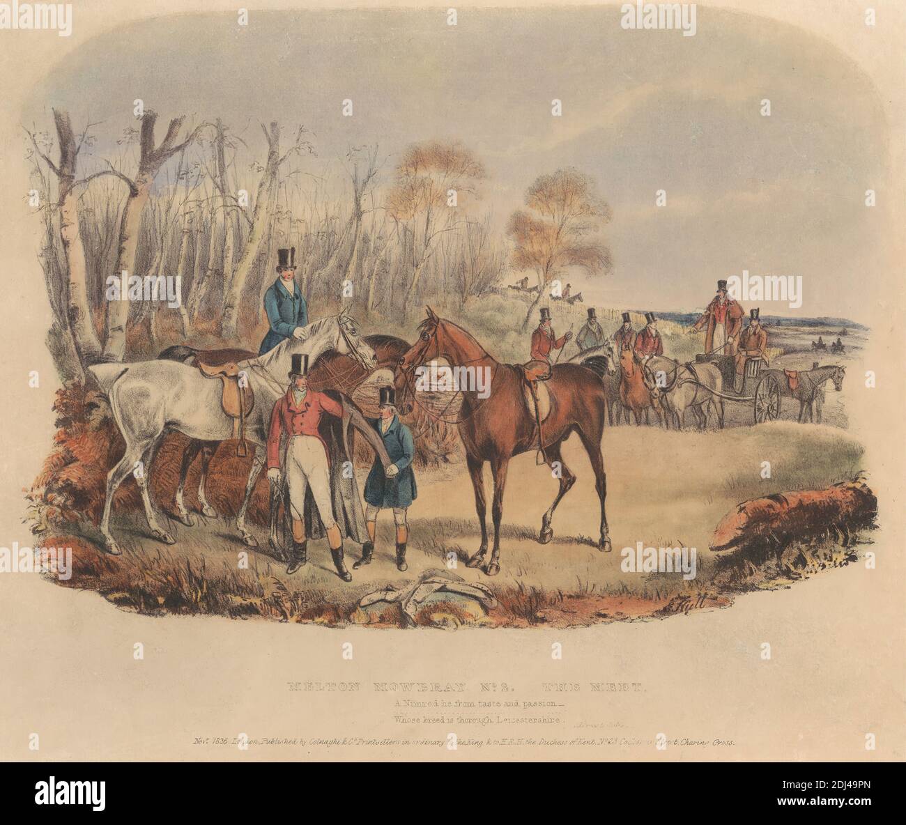 Fox Hunting Set von sechs Stück: Melton Mowbray No. 2. The Meet, gedruckt von Day & Co., 1824–1913, britisch, Edward Hull, 1810–1877, 1835, handkolorierte Lithographie, Blatt: 9 7/8 x 13 3/8in. (25.1 x 34 cm Stockfoto