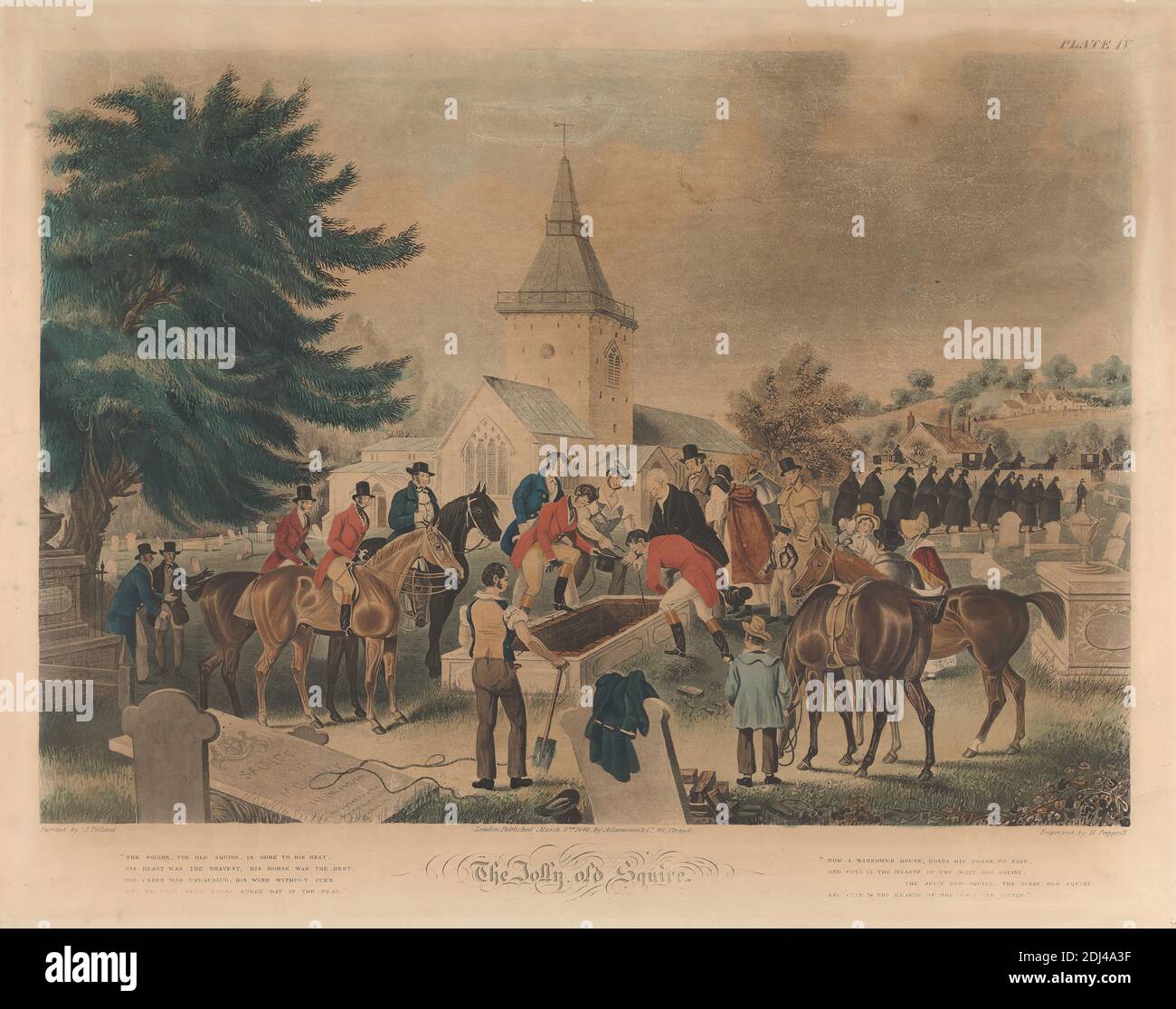 Fuchsjagd Viererset: 'The Jolly Old Squire' - Platte IV. 'The Squire, the Old Squire, is gone to his Rest, / his heart was the tavest, his Horse was the Best, ...', Henry Papprill, 1816–d.after 1883, American, after James Pollard, 1792–1867, British, 1846, Aquatint, handfarbig, Blatt: 15 x 20 7/8in. (38.1 x 53 cm Stockfoto