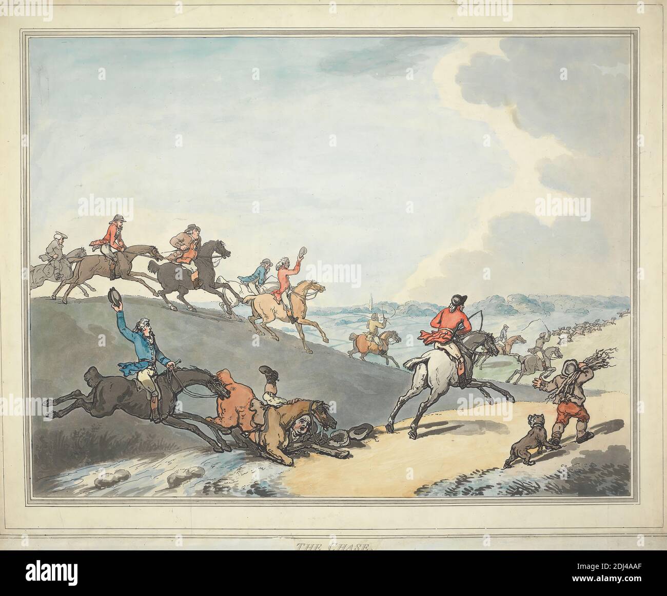 Fuchs-Jagd Satz von sechs: 2. The Chase, Thomas Rowlandson, 1756–1827, britisch, nach Thomas Rowlandson, 1756–1827, britisch, zwischen 1787 und 1788, Aquatint, handfarbig, Blatt: 15 3/4 x 20 1/8 Zoll (40 x 51,1 cm Stockfoto