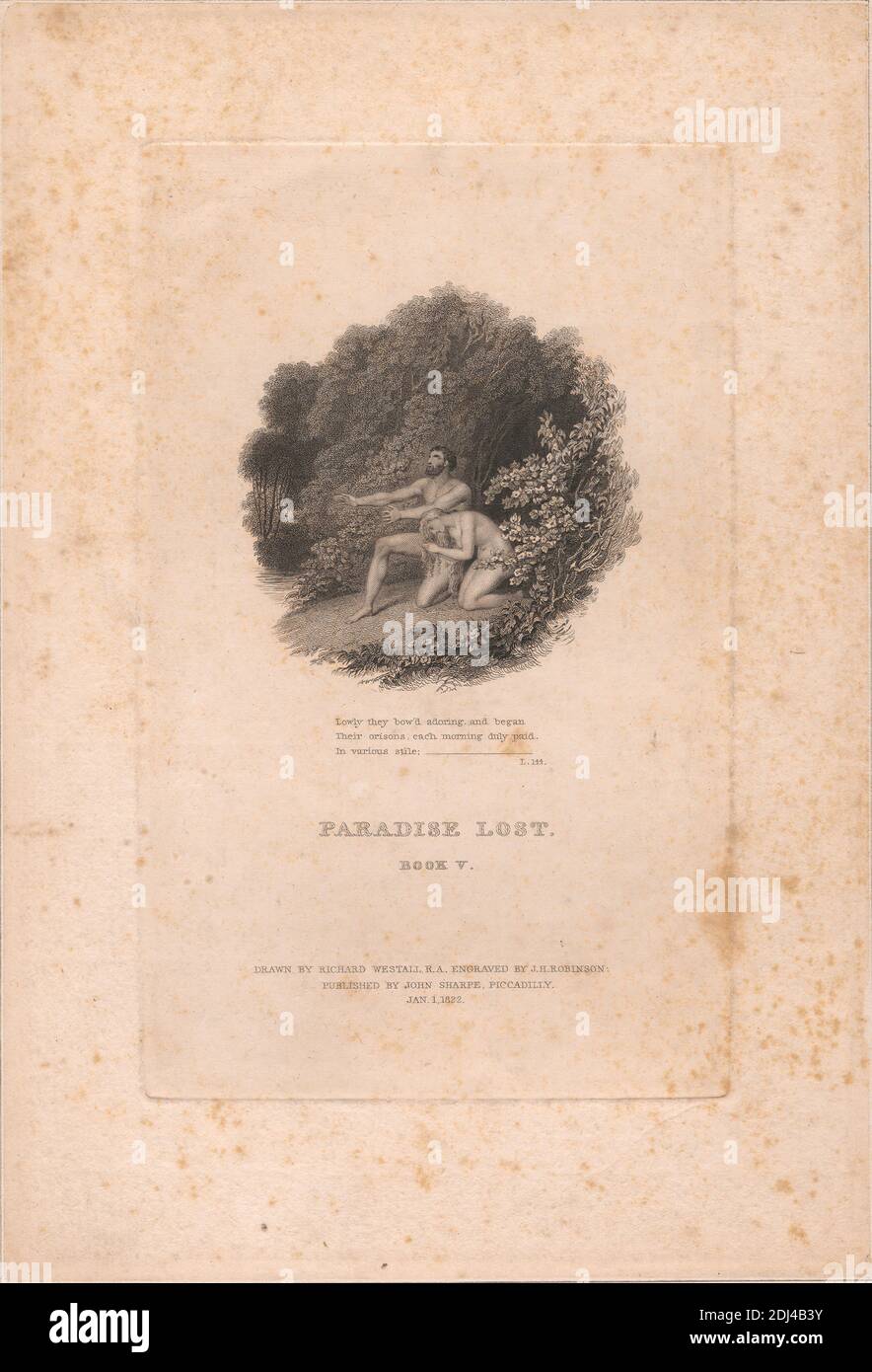 Paradise Lost, Buch V, John Henry Robinson, 1796–1871, britisch, nach Richard Westall, 1765–1836, britisch, ohne Datum, Gravur, Blatt: 7 1/2 x 10 1/4 Zoll (19.1 x 26 cm Stockfoto