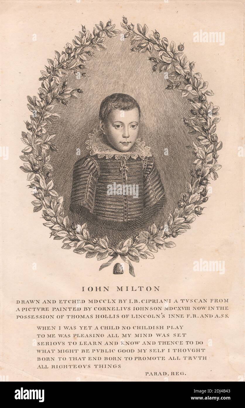 John Milton, Giovanni Battista Cipriani RA, 1727–1785, italienisch, in Großbritannien tätig (1755-85), nach Cornelius Johnson, 1593–1661, britisch, 1760, Gravur, Blatt: 8 7/8 x 12 (22.5 x 31,1 cm Stockfoto