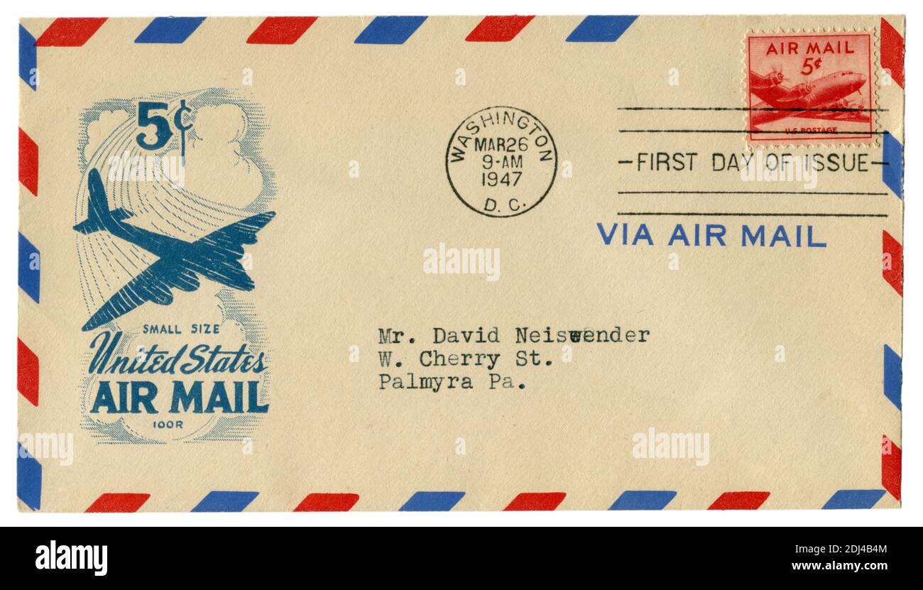 Washington D.C., USA - 26. März 1947: Historischer Briefumschlag: Brief mit Flugpost, Douglas DC-4 Skymaster Briefmarke, fünf Cent Stockfoto