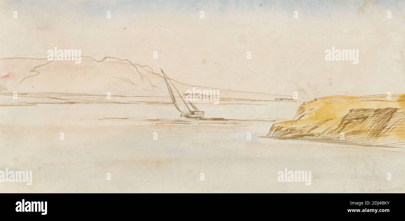 Boot auf dem Nil, Edward Lear, 1812–1888, Britisch, Januar - März 1867, Aquarell, Graphit, Feder und braune Tinte auf Medium, leicht strukturiert, beigefarbenes Papier, Blatt: 2 7/8 x 5 15/16 Zoll (7.3 x 15.1 cm), Boot, Landschaft, Meereskunst, Fluss, Fluss, Flussufer, Segel, Wasser, Afrika, Ägypten, Nil Stockfoto