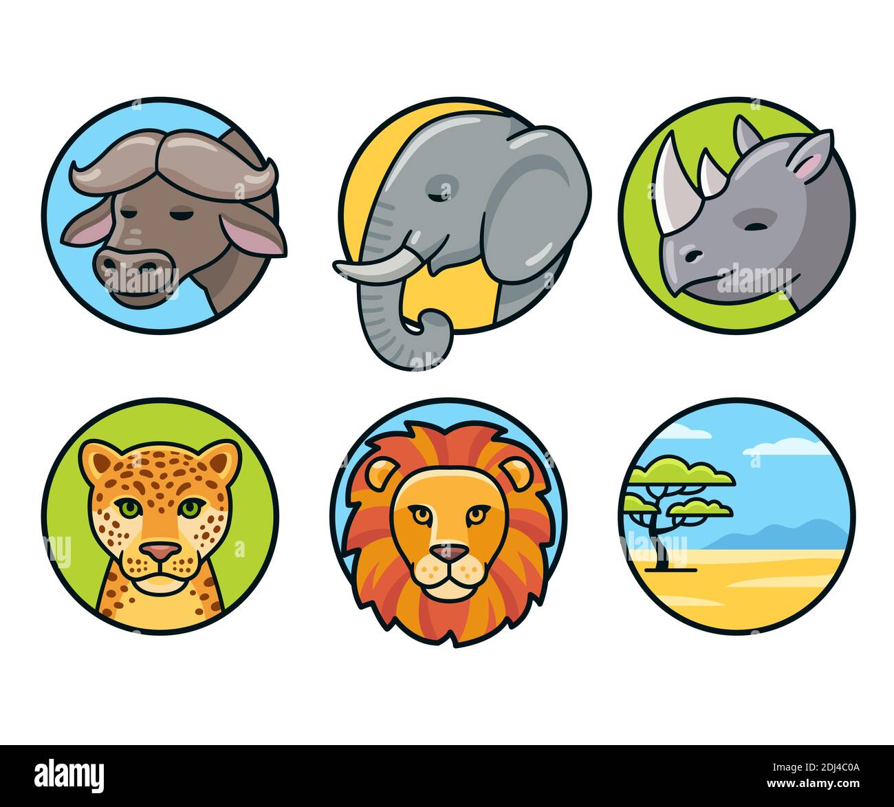 Icon Set von afrikanischen Big Five Tiere. Löwe, Leopard, Elefant, Rhino, Büffel, Savannenlandschaft. Isolierte Vektor-Clip Art-Illustration. Stock Vektor
