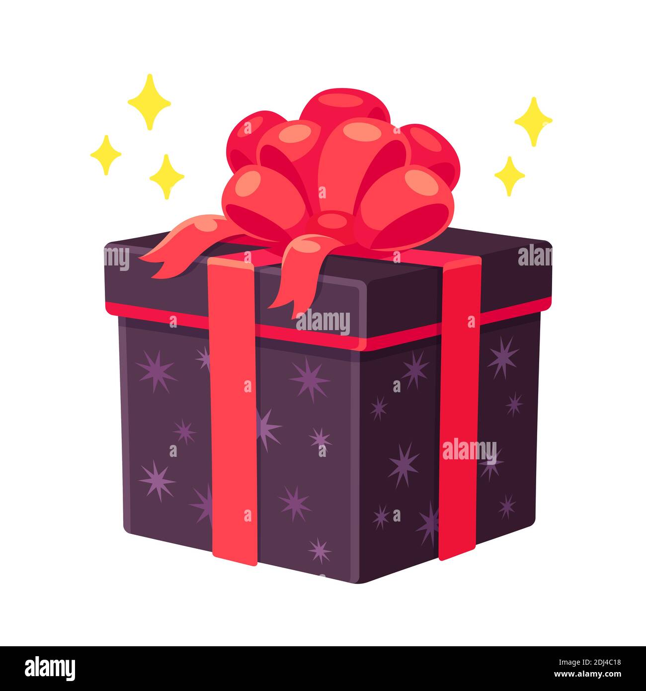 Geschenkbox für Weihnachten oder Geburtstag. Schwarz eingewickelt Geschenk mit Sternen und roten Band Schleife. Isolierte Vektordarstellung. Stock Vektor