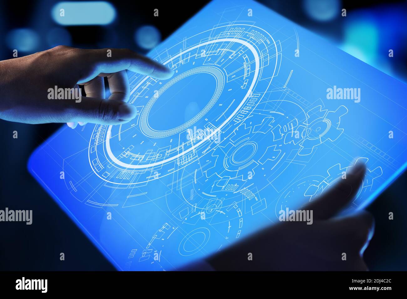 Copyspace Blueprint Zeichnung, Design, CAD auf virtuellem Bildschirm. Hintergrund für Technik, Wirtschaft, Industriekonzept Stockfoto