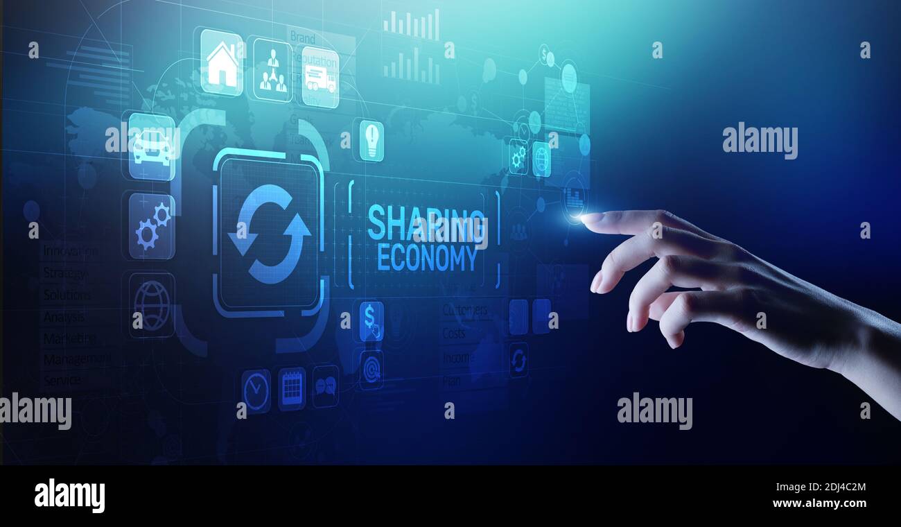 Gemeinsame Nutzung von Wirtschaft, Innovation und Zukunft Business Technology Konzept auf virtuellen Bildschirm Stockfoto