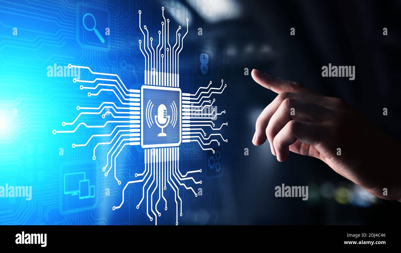 Spracherkennung suchen und das Mikrofon Symbol auf virtuellen Bildschirm Stockfoto