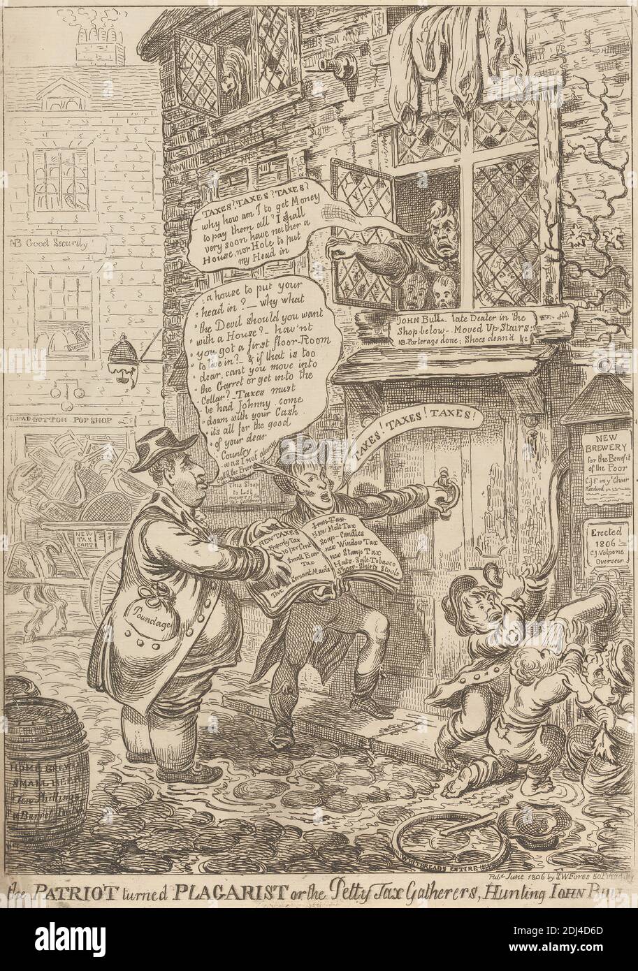 The Patriot turned Plagiarist, or the Petty Tax Gatherers Hunting John Bull, Charles Williams, Active 1796–1830, British, after James Gillray, 1757–1815, British, 1806, Etching Stockfoto