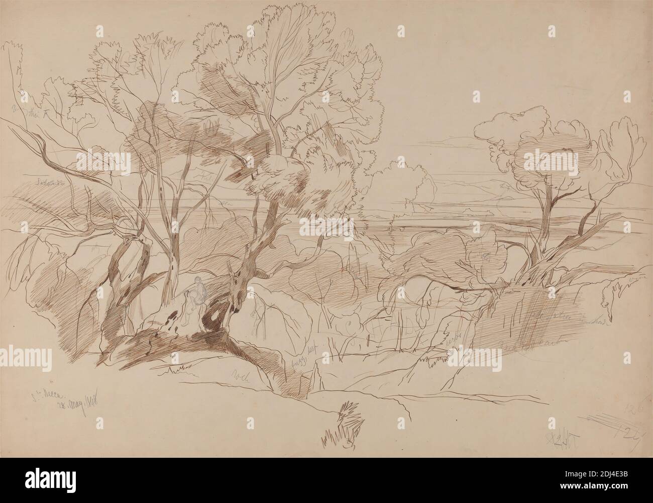 Santa Decca, Korfu, 28 May 1848 (126), Edward Lear, 1812–1888, British, 1848, Feder und braune Tinte und Graphit auf mäßig dickem, mäßig strukturiertem, grauem Wove-Papier, Blatt: 14 x 19 7/8 Zoll (35.6 x 50.5 cm), Figur (Darstellung), Landschaft, Felsen (Landformen), Himmel, Bäume, Vegetation, Korfu, Griechenland, Ionische Inseln Stockfoto