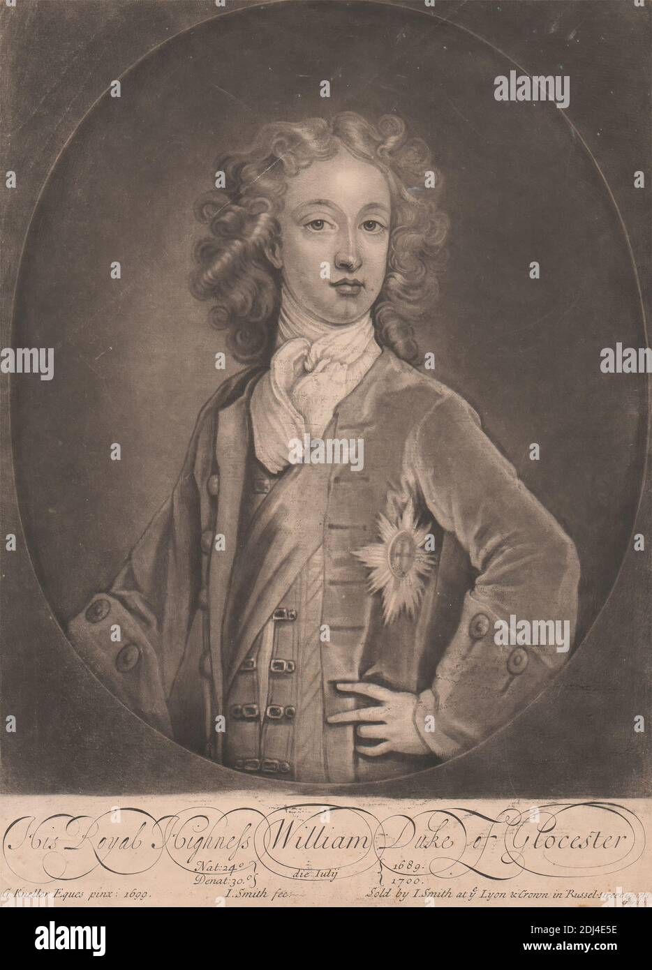 William, Duke of Gloucester, Druck von John Smith, 1652–1743, britisch, nach Sir Godfrey Kneller, 1646–1723, deutsch, in Großbritannien tätig (ab 1676), ca. 1700, Mezzotint, Blatt: 13 3/4 x 10 Zoll (34.9 x 25,4 cm), Hochformat Stockfoto