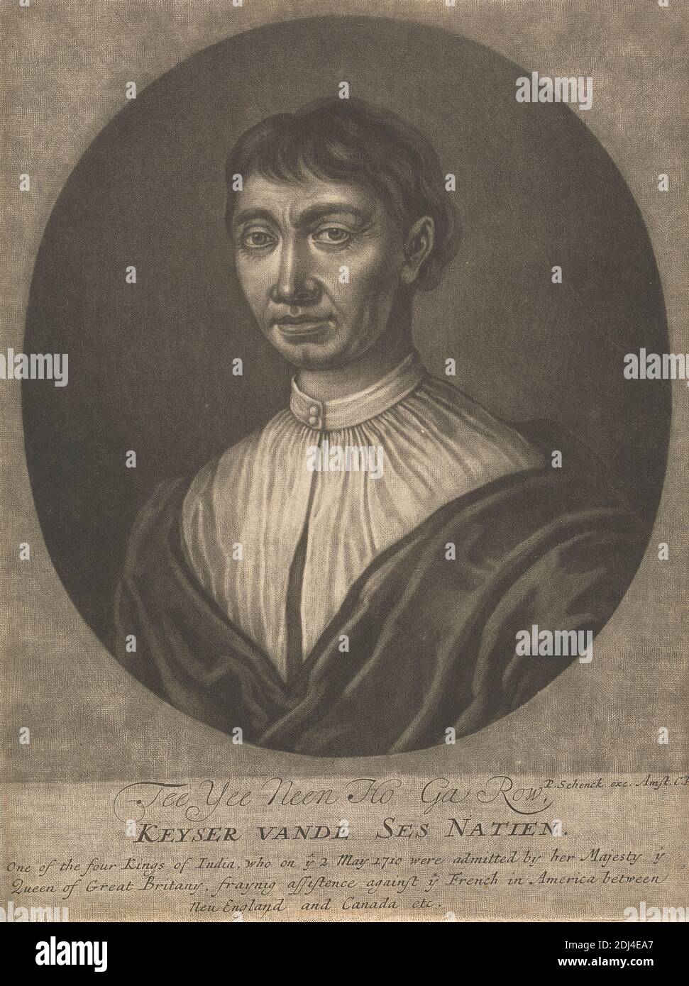 Porträts von vier indischen Königen Kanadas: Tee Yee Neen Ho Ga Row, Pieter Schenck, 1660–1719, niederländisch, nach John Faber der Ältere, ca. 1660–1721, Brite, ODER John Faber der Jüngere, ca. 1695–1756, Niederländisch, in Großbritannien aktiv, 1710, Mezzotint, Blatt: 8 1/2 x 6 (21.6 x 16 cm Stockfoto