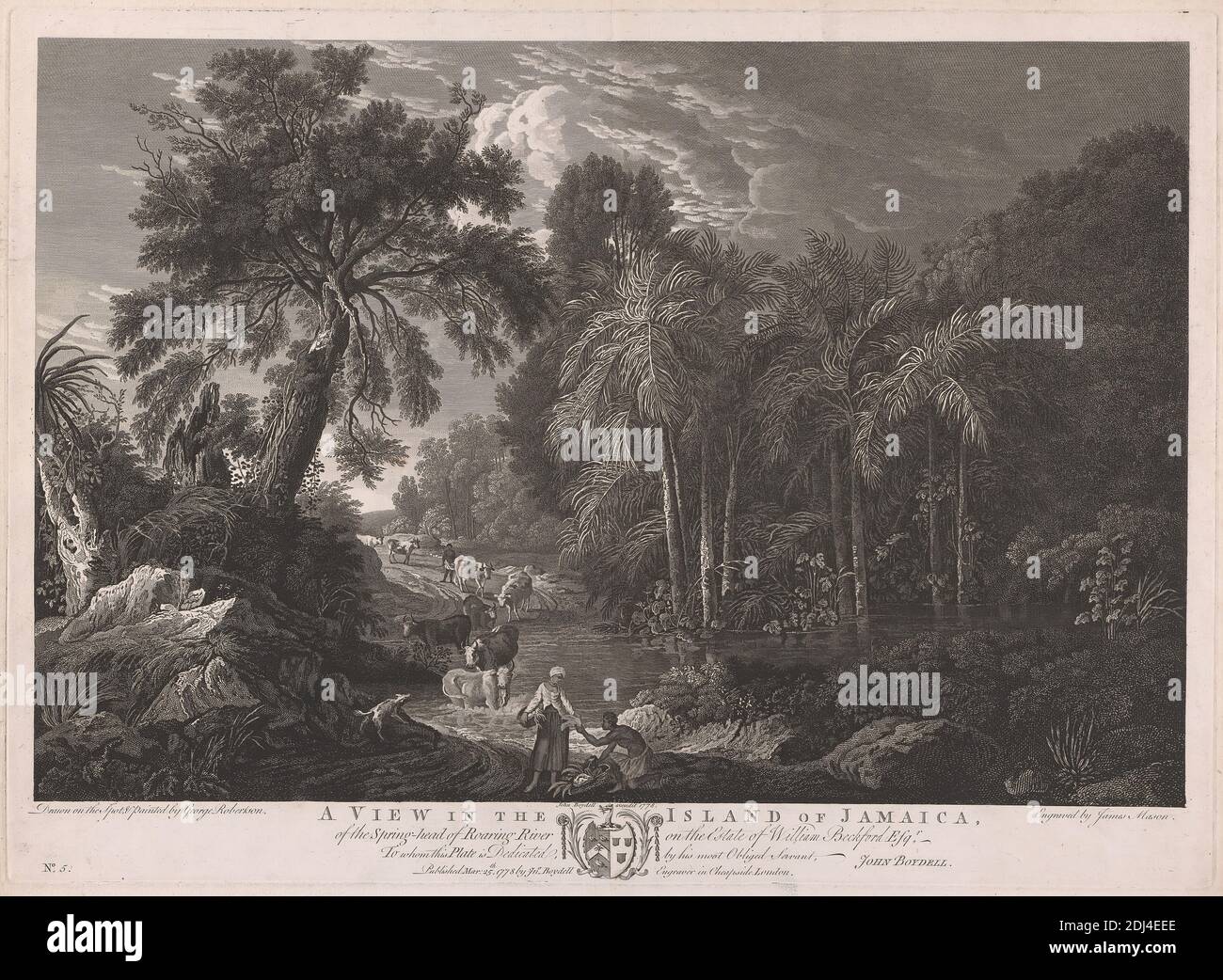 A View in the Island of Jamaica, of the Spring-Head of Roaring River on the Estate of William Beckford Esq.r, Print made by James Mason, 1710–1783, British, after drawings by George Robertson, 1749–1788, British, Published by John Boydell, 1720–1804, British, 1778, Strichgravur auf mittlerem, mäßig strukturiertem, cremefarbenem Wove-Papier, Blatt: 18 1/2 × 22 1/4 Zoll (47 × 56.5 cm), Platte: 15 3/4 × 21 7/8 Zoll (40 × 55.5 cm) und Bild: 13 3/4 × 20 7/8 Zoll (35 × 53 cm) Stockfoto