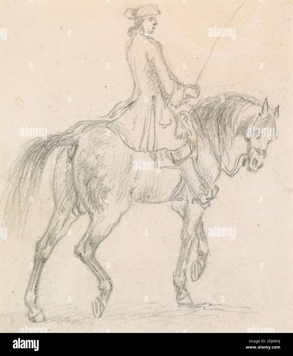 Pferd mit Reiter mit Tricorne-Hut, zu Fuß nach rechts, James Seymour, 1702–1752, britisch, undatiert, Graphit auf Medium, leicht strukturiert, cremefarbenes Papier, Blatt: 4 3/8 × 3 3/4 Zoll (11.1 × 9.5 cm), Reittier: 12 × 14 1/4 Zoll (30.5 × 36.2 cm), und Bindung: 12 Zoll (30.5 cm), Figurenstudie, Pferd (Tier), Reiter, Reiten, Mann, Sportkunst, Tricornhüte Stockfoto