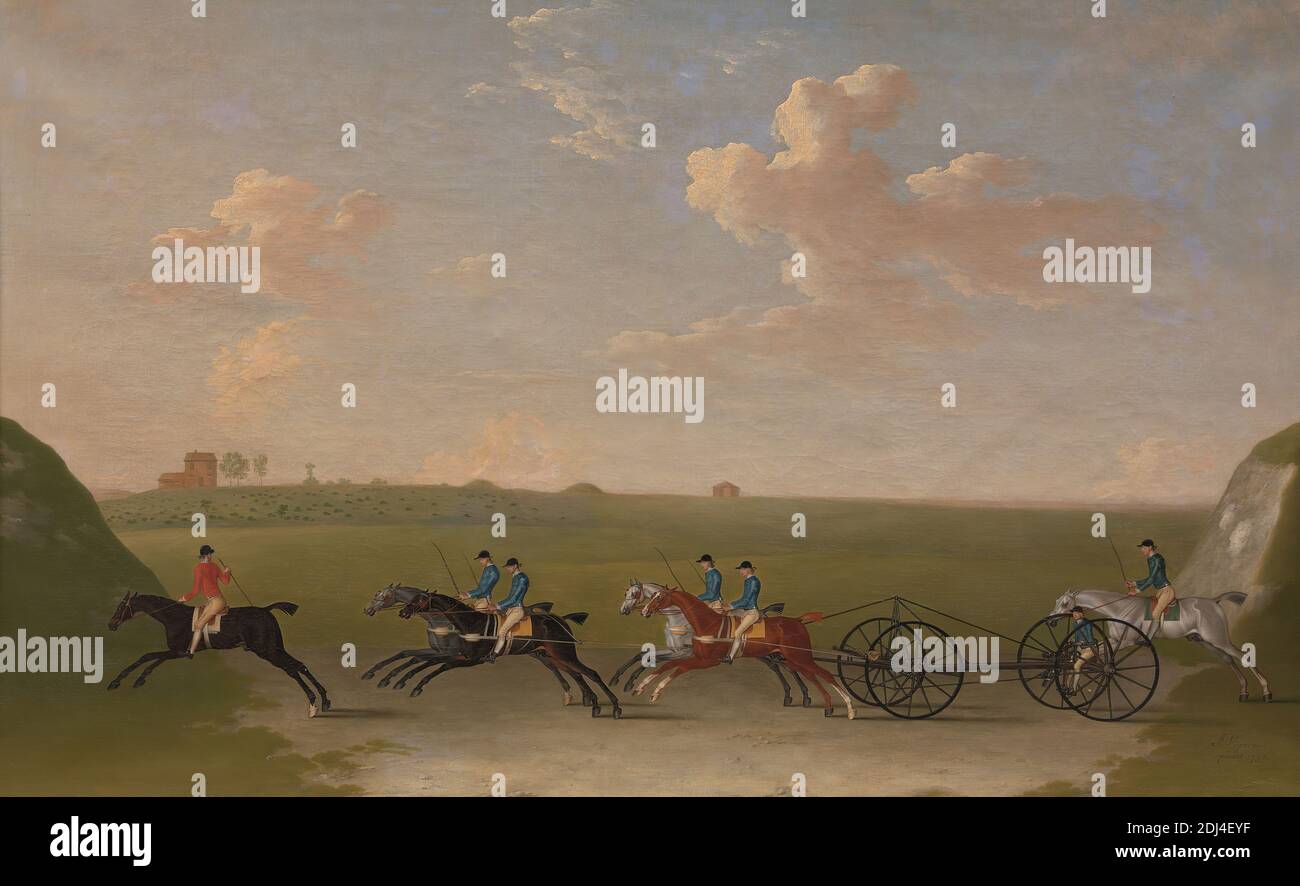 The Chaise Match Run auf Newmarket Heath am Mittwoch, den 29. August 1750, James Seymour, 1702–1752, British, 1750, Öl auf Leinwand, Support (PTG): 42 × 66 Zoll (106.7 × 167.6 cm), Pferde (Tiere), Landschaft, Sportkunst Stockfoto