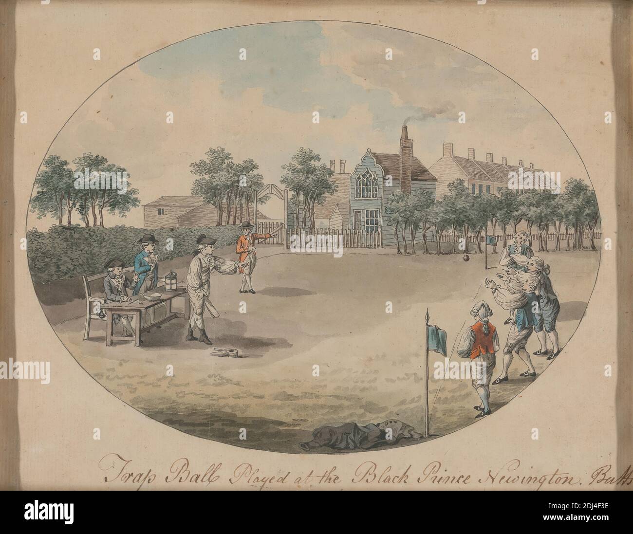 Trap Ball gespielt bei The Black Prince, Newington, Butts, Robert Dighton, 1752–1814, British, ca. 1784, Stift und schwarze Tinte und braune Tinte und Aquarell, Blatt: 6 x 8 Zoll (15.2 x 20,3 cm) und Rahmen: 7 11/16 × 9 1/4 × 5/16 Zoll (19.6 × 23.5 × 0.8 cm), Spiele, Genre, Freizeit, Sportkunst, England, Europa, Newington, Newington, Großbritannien Stockfoto