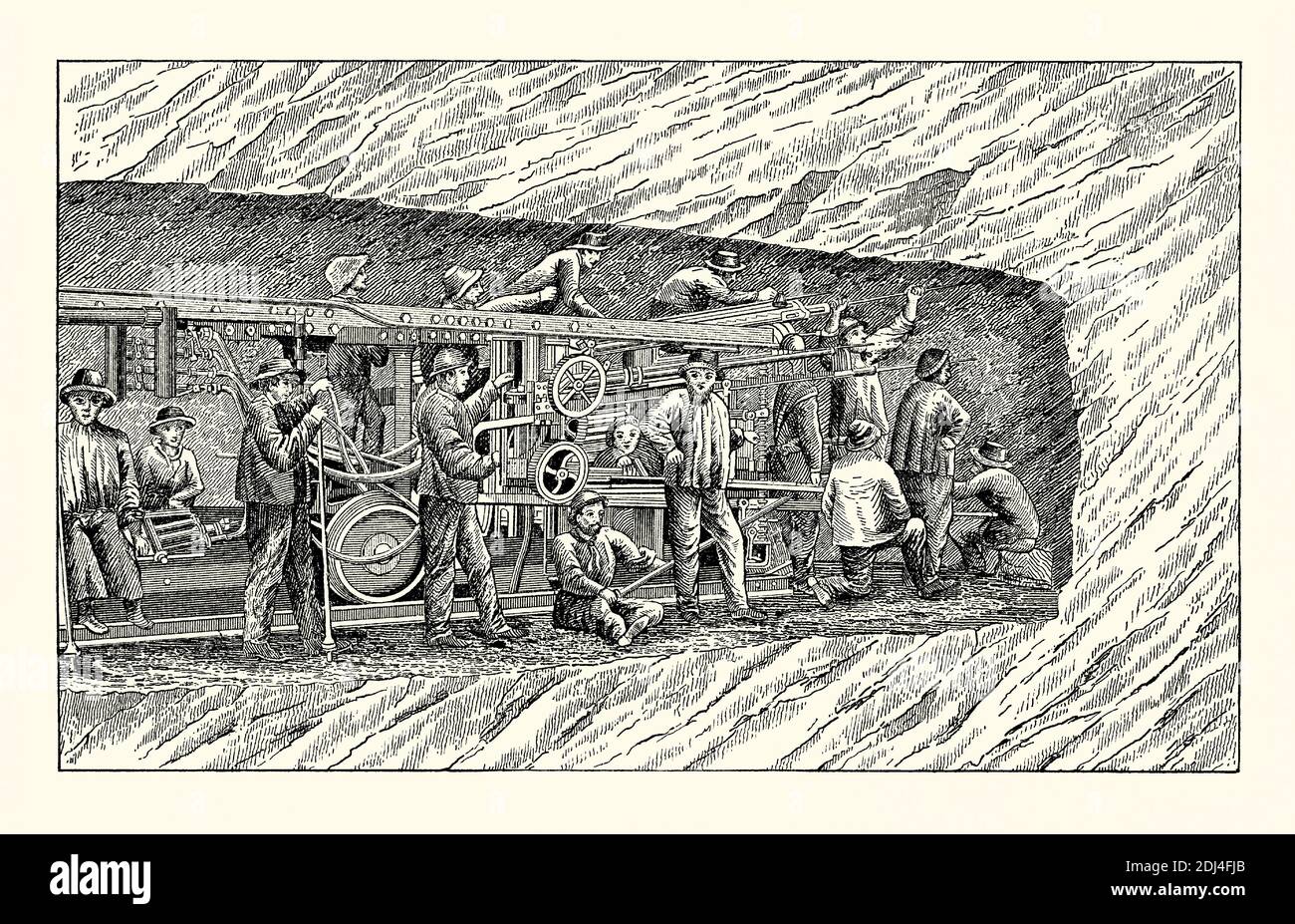 Eine alte Gravur von Männern beim Bau des Mount Cenis Tunnels oder Fréjus Rail Tunnel durch die Alpen zwischen Frankreich und Italien – der Tunnel zum Schienenverkehr wurde 1871 eröffnet. Es ist aus einem viktorianischen Buch der 1880er Jahre. Der Tunnel verbindet Rom und Paris über Turin und Chambéry. Der Bau unter der Leitung von Germain Sommeiller wurde in nur 14 Jahren mit technischen Innovationen wie pneumatischem Bohren und elektrischer Zündung von Sprengstoffen abgeschlossen – wie hier gezeigt, wo die Bohrer Bohrlöcher für den Nitro-Glycerin-Sprengstoff sind. Die Verwendung von Dynamit beschleunigte Fertigstellung. Stockfoto