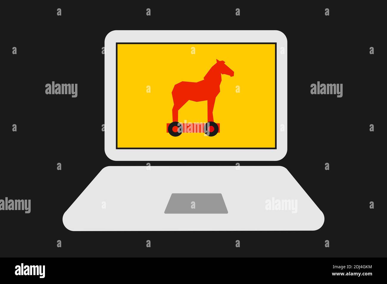 Trojanisches Pferd - Laptop und Computer mit schädlicher Software. Cybersicherheit und Gefahr von Cyber- und Computerangriffen. Vektorgrafik Stockfoto