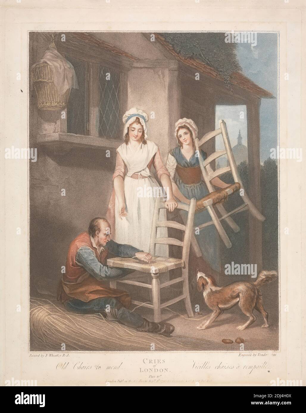 Cries of London' Teller 10: 'Alte Stühle zu flicken', Giovanni Vendramini, 1769–1839, italienisch, nach Francis Wheatley, 1747–1801, britisch, 1795, farbiger Stich mit Stich, NICHT VERWENDEN: 16 15/16 x 13 1/2in. (43 x 34,3 cm) und Platte: 16 7/16 x 12 13 Zoll (41.8 x 32,5 cm Stockfoto