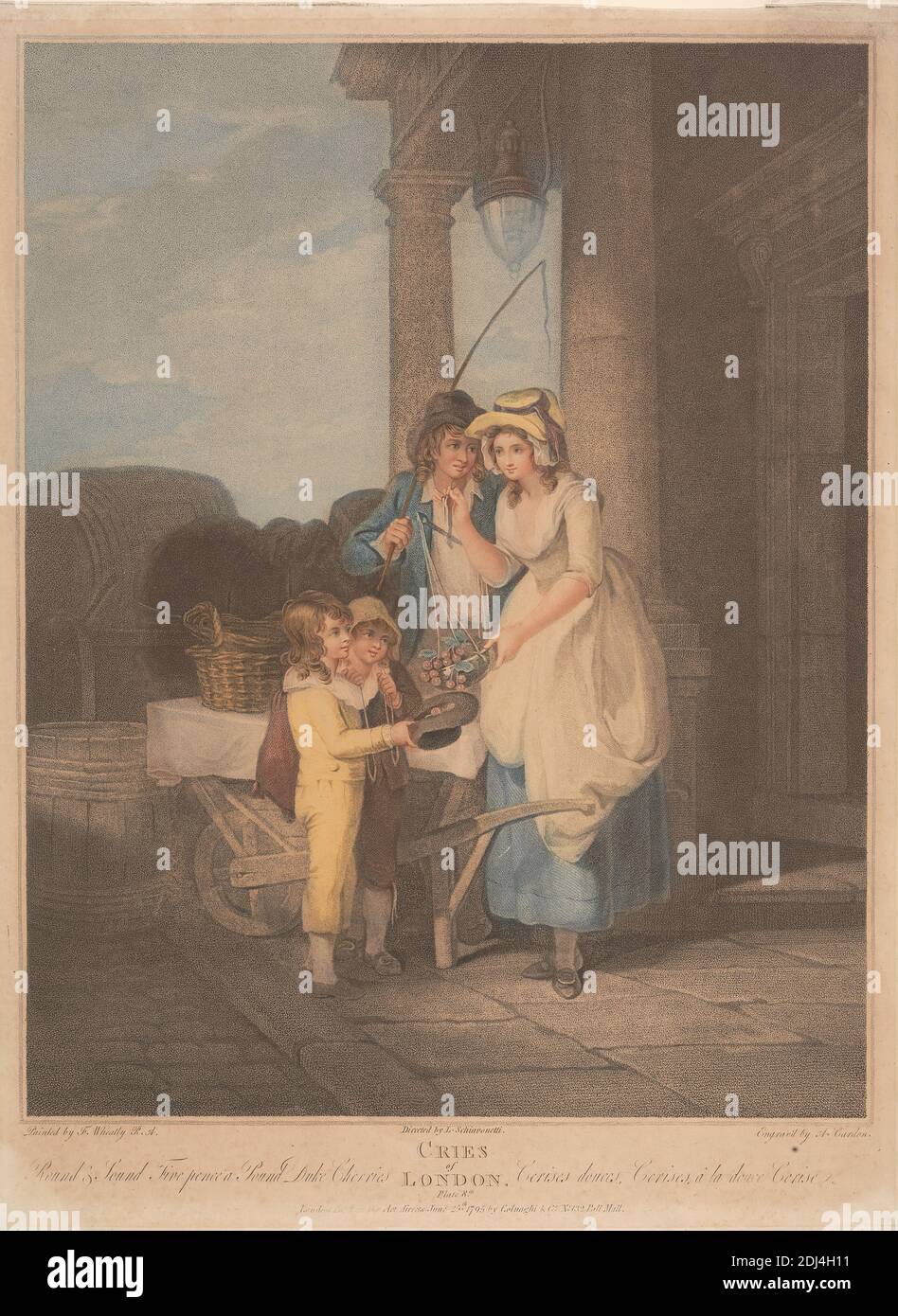 Cries of London' Platte 8: 'Round & Sound Five Pence a Pound Duke Cherries', Anthony Cardon, 1772–1813, Flämisch, nach Francis Wheatley, 1747–1801, Britisch, 1795, Farbstich mit Stipple, NICHT VERWENDEN: 16 1/8 x 11 7/8in. (41 x 30,2 cm Stockfoto