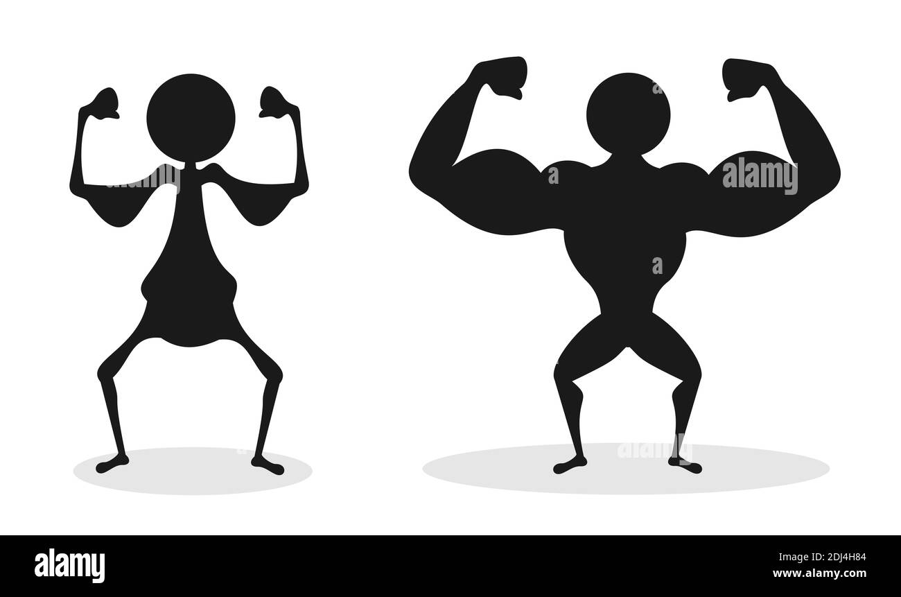 Vergleich von ungesunden schlechten und schlechten Körperbau vs starke und große Muskulatur von muskulösen Bodybuilder. Stärke oder Schwäche des menschlichen Körpers. Vektorillust Stockfoto