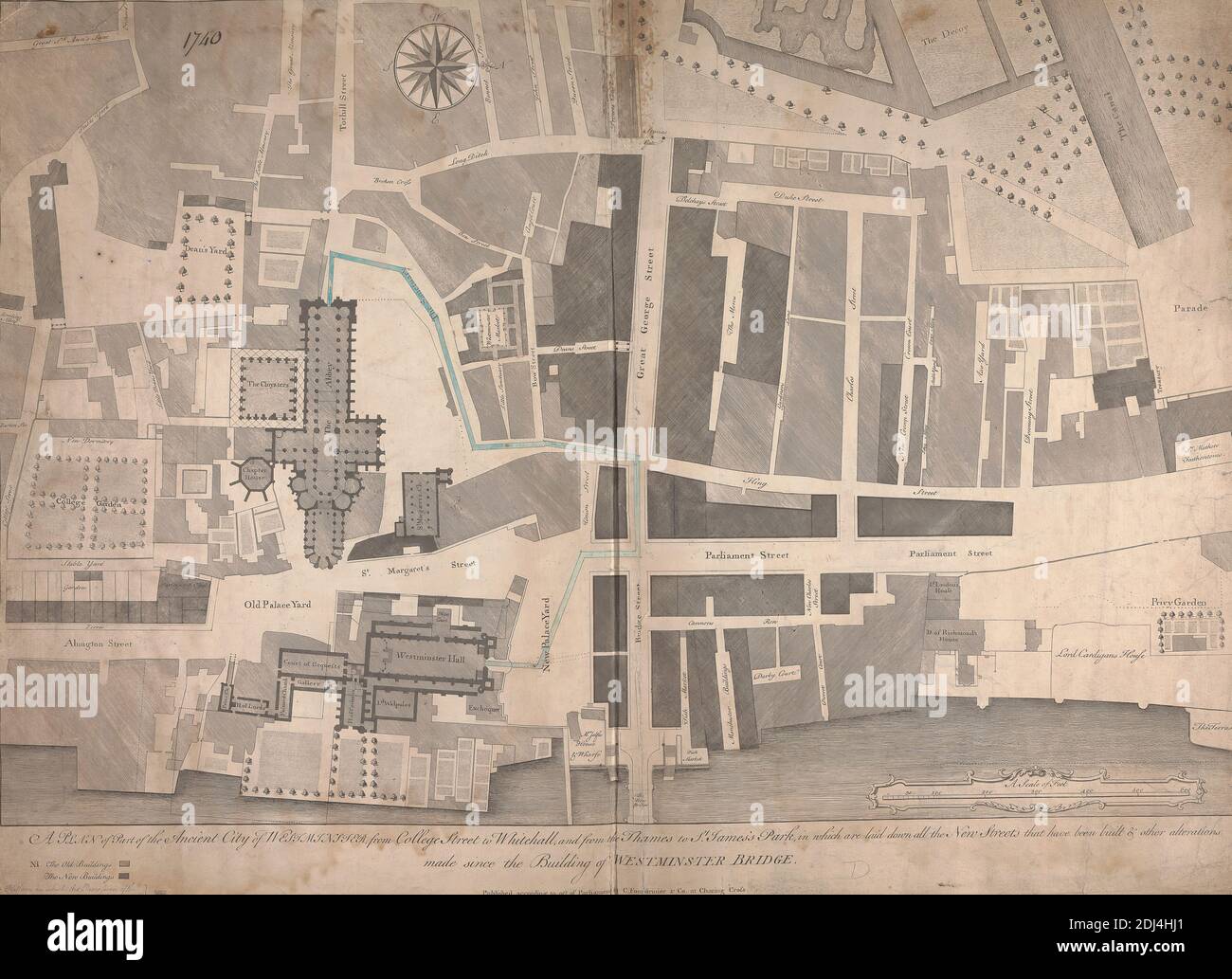 Ein Plan eines Teils der alten Stadt Westminster, von College Street bis Whitehall, Und von der Themse zum St. James's Park, in dem alle New Streets, die gebaut wurden & andere Änderungen seit dem Bau der Westminster Bridge, unbekannter Künstler, achtzehnten Jahrhundert, gedruckt 1740, gezeichnet ca. 1760, Strichgravur mit Stift und schwarzer Tinte, blauem Wasch und Graphit auf mäßig dicken, leicht strukturierten, cremefarbenen Papier mit einer Falzmarke, Blatt: 20 15/16 × 28 3/4 Zoll (53.2 × 73 cm), architektonisches Thema, Stadtplanung, Krönung, Plan (formales Konzept), Stadt Stockfoto