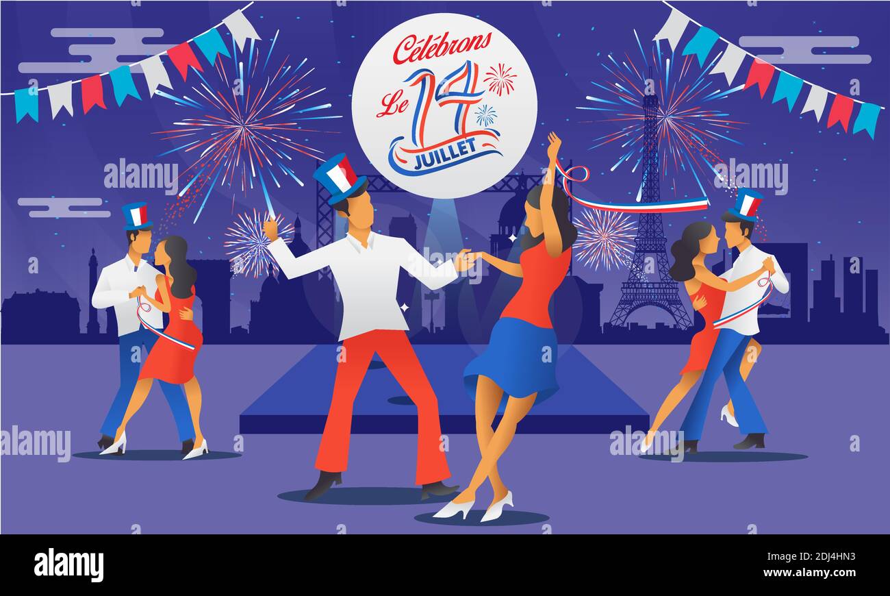 Bastilische Tageskarte mit Tanz, Partys und Feuerwerk. Le 14 Juillet Französische Übersetzung vom 14. Juli Französischer Nationalfeiertag Stock Vektor