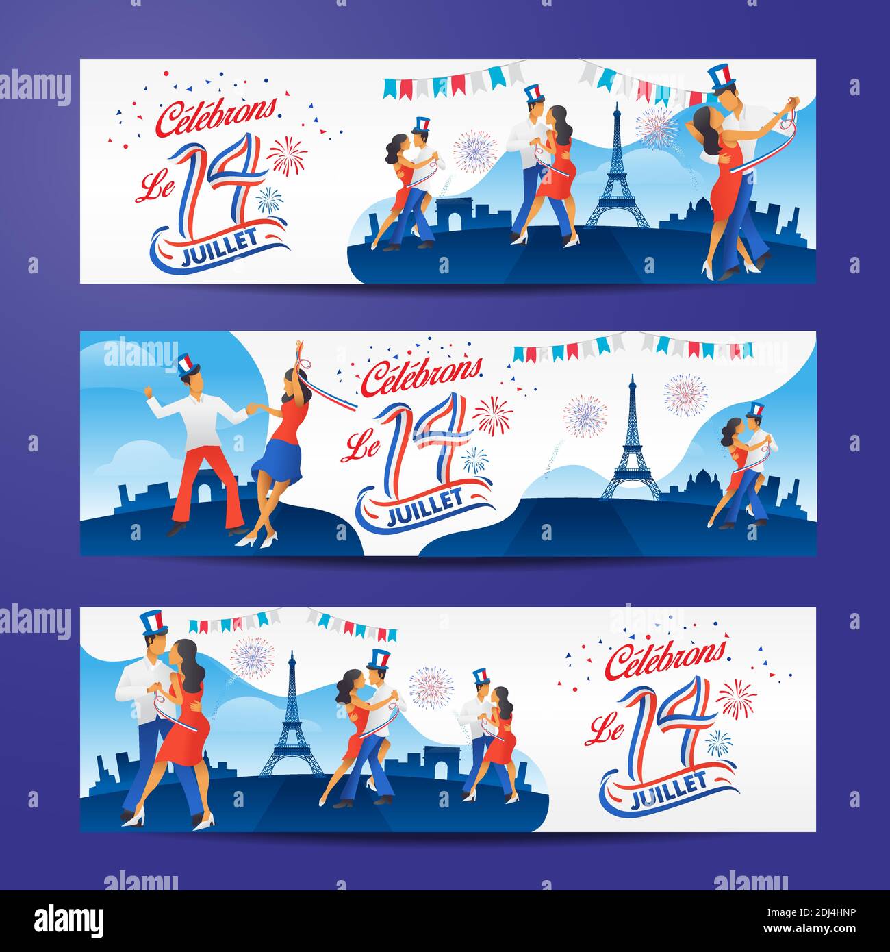 Set von bastilischen Tag Banner mit Tanz, Partys und Feuerwerk. Le 14 Juillet Französische Übersetzung vom 14. Juli Französischer Nationalfeiertag Stock Vektor