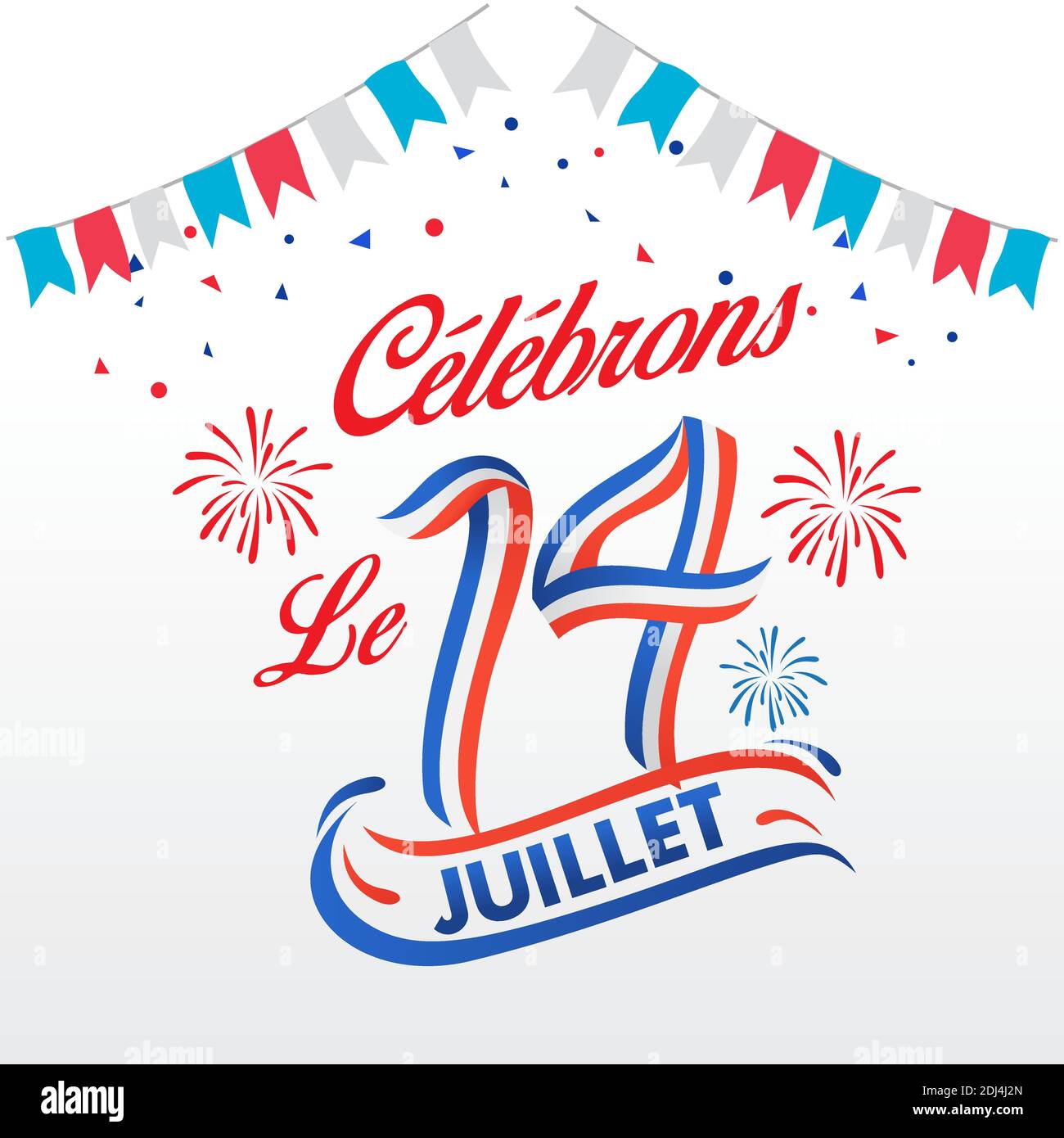 Bastilische Tag Feier Logotyp gebildet von blauen, weißen, roten Band. Le 14 Juillet Französische Übersetzung vom 14. Juli Französischer Nationalfeiertag Stock Vektor