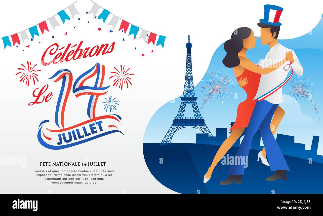 Bastilische Tageskarte mit Tanz, Partys und Feuerwerk. Le 14 Juillet Französische Übersetzung vom 14. Juli Französischer Nationalfeiertag Stock Vektor