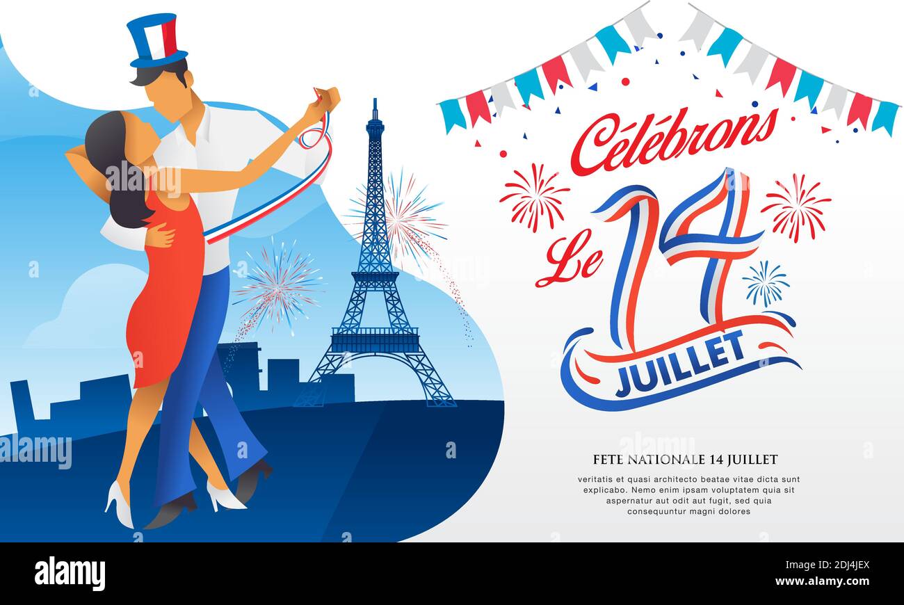 Bastilische Tageskarte mit Tanz, Partys und Feuerwerk. Le 14 Juillet Französische Übersetzung vom 14. Juli Französischer Nationalfeiertag Stock Vektor