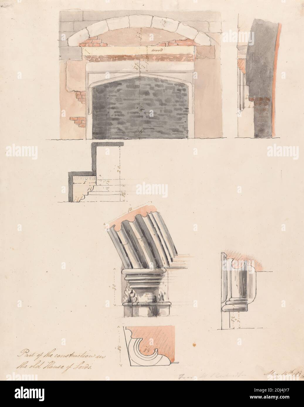 Teil der Konstruktion im Alten Haus der Herren, dem Amt von Sir John Soane zugeschrieben, (George Bailey), 1753–1837, British, 1823, Graphit, Feder und braune Tinte und Aquarell auf leicht strukturiertem, mäßig dickem, weißem Gewebspapier, Blatt: 13 1/2 × 10 1/8 Zoll (34.3 × 25.7 cm), Architekturmotiv, Keller, City of Westminster, England, House of Lords, London, Palace of Westminster, Großbritannien Stockfoto