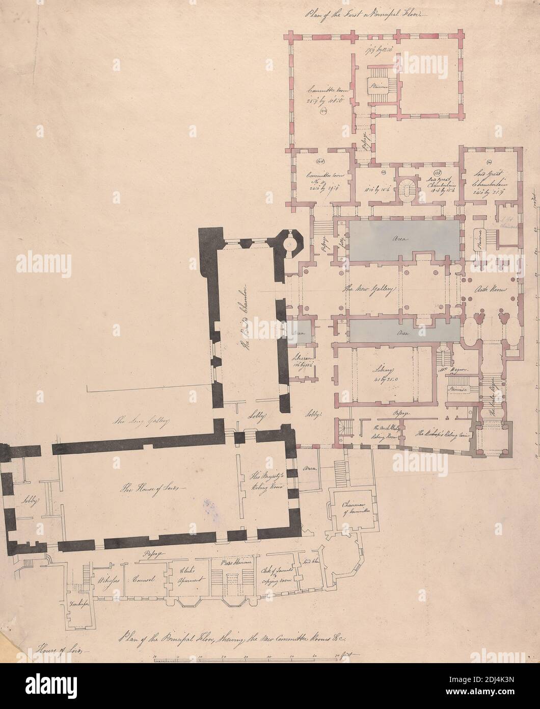 Plan of the Principal Story, Shewing the New Committee Rooms &c, House of Lords, zugeschrieben dem Amt von Sir John Soane, 1753–1837, britisch, ca. 1794, Graphit, Stift und schwarze Tinte, Aquarell auf mäßig strukturierter, mäßig dicker, weiß gewobter Papierstabskala von 1/14 Zoll bis 1 Fuß, Blatt: 19 5/8 × 16 1/8 Zoll (49.8 × 41 cm), architektonisches Motiv, Plan (formales Konzept), City of Westminster, England, London, Palace of Westminster, Vereinigtes Königreich Stockfoto