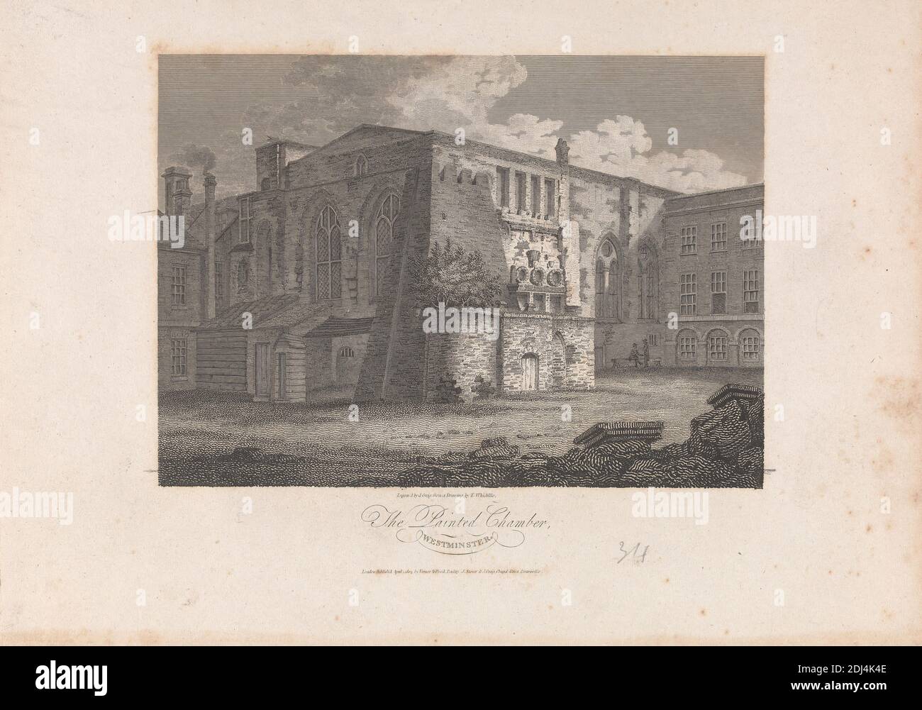 The Painted Chamber, Westminster, Druck von John Greig, aktiv 1800–1853, britisch, zugeschrieben nach C. John M. Whichelo, 1784–1865, britisch, 1804, Strichgraphit auf leicht strukturiertem, mäßig dickem, weißem Gewebspapier, Blatt: 8 × 11 1/4 Zoll (20.3 × 28.6 cm) und Bild: 5 1/4 × 7 5/16 Zoll (13.3 × 18.6 cm), Architekturmotiv, City of Westminster, England, London, Palace of Westminster, Großbritannien Stockfoto
