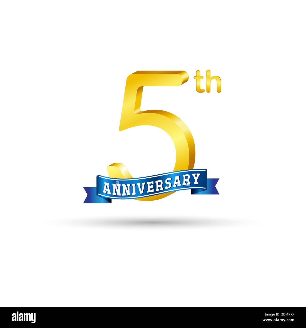 5. Goldenes Anniversary Logo mit blauem Band isoliert auf weißem Hintergrund. 3D-Gold-Anniversary-Logo Stock Vektor