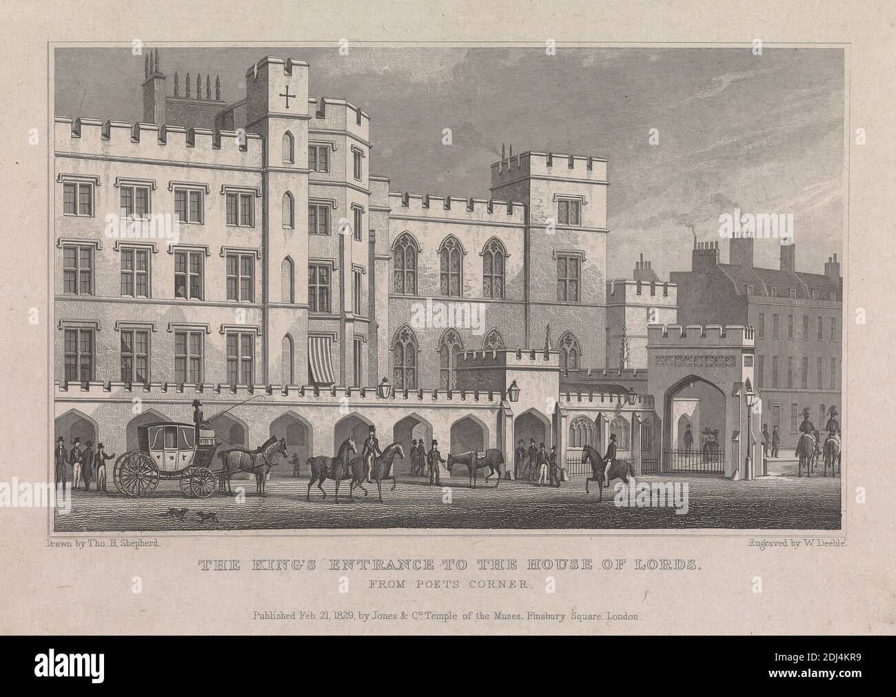 The King's Entrance to the House of Lords, from Poets Corner, Print made by William Deeble, Active 1814–1849, British, after Thomas Hosmer Shepherd, 1792–1864, British, 1829, Strichgravur auf glattem, mittelweißem Wove-Papier, Blatt: 5 1/8 × 7 1/2 inches (13 × 19.1 cm) und Bild: 3 1/4 × 6 Zoll (8.3 × 15.2 cm), Architekturmotiv, City of Westminster, England, London, Palace of Westminster, Großbritannien Stockfoto