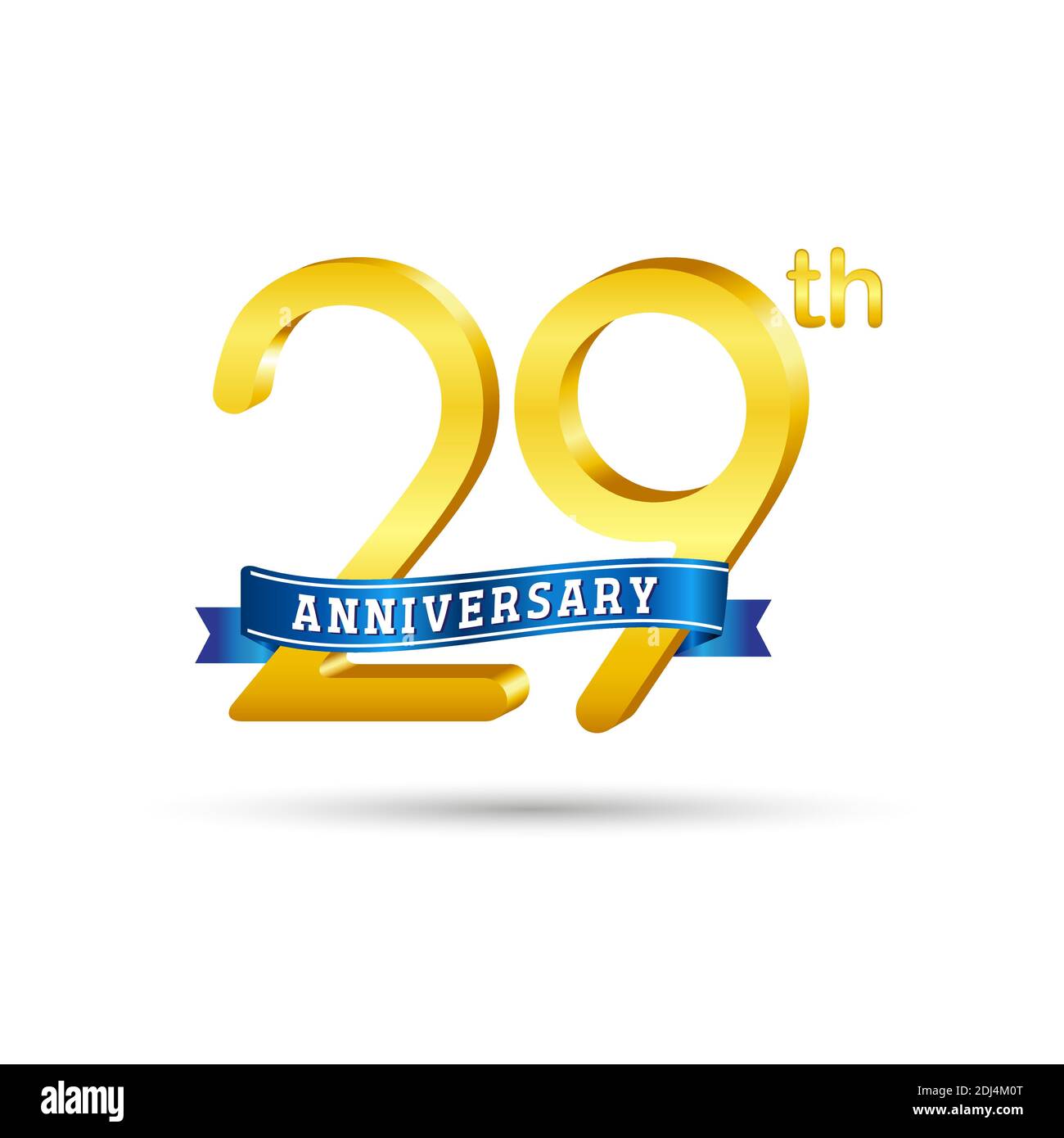 29. Goldenes Anniversary Logo mit blauem Band isoliert auf weißem Hintergrund. 3D-Gold-Anniversary-Logo Stock Vektor