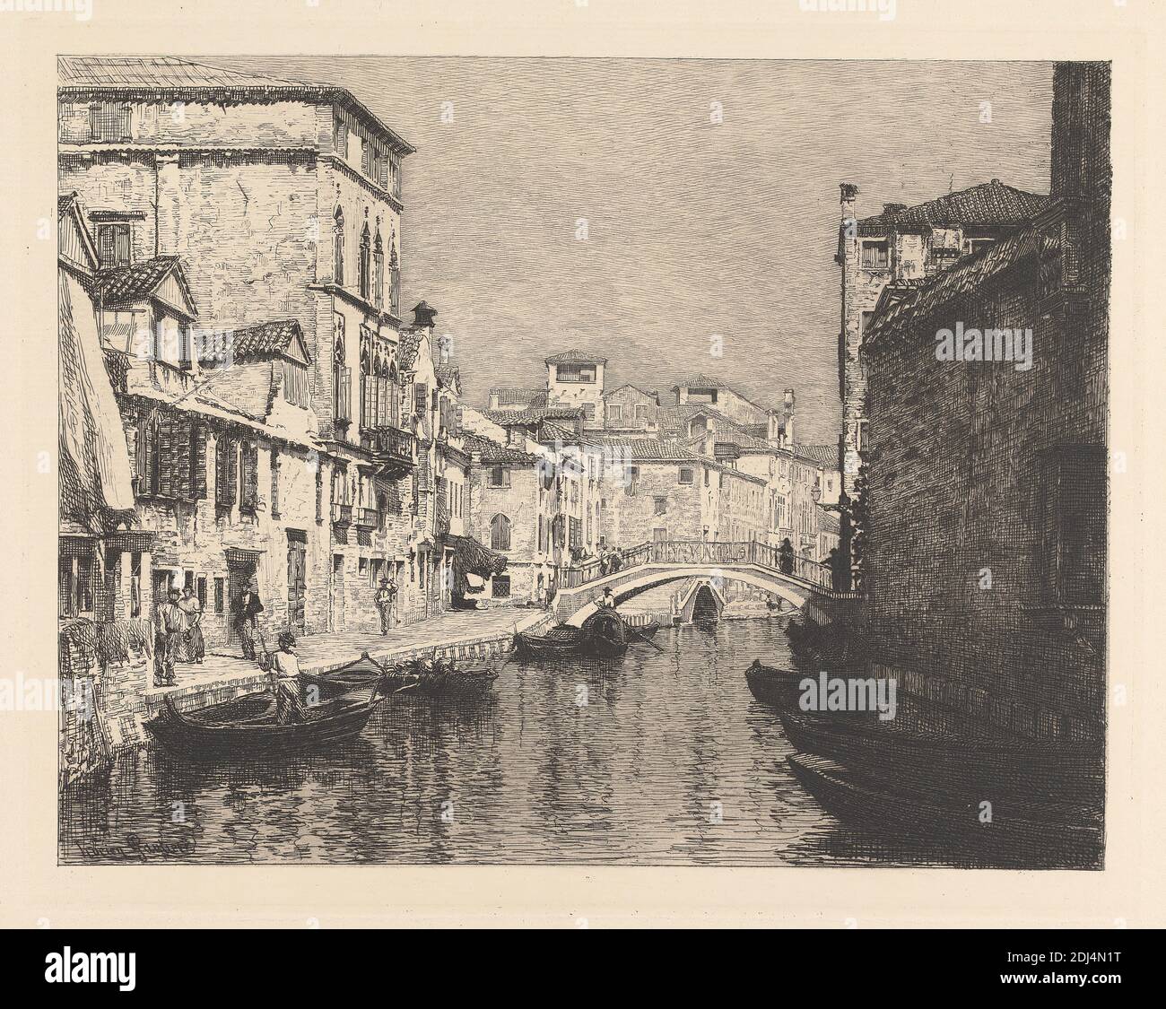 Venetian Canal, Lucien Marcelin Gautier, 1850–1925, Französisch, ca. 1880, Radierung auf mitteldickem, leicht strukturiertem, cremefarbenen Papier, Blatt: 12 3/8 x 16 5/8 cm (42.3 x 31.5 Zoll), Platte: 8 1/8 x 10 3/16 Zoll (20.7 x 25.9 cm) und Bild: 7 3/8 x 9 5/8 Zoll (18.8 x 24.4 cm), architektonisches Motiv, Markisenfenster, Boote, Brücke (Bauarbeiten), Gebäude, Kanal, Fassaden, Gondeln, Gondoliere, Häuser, Menschen, Pots, Reflexionen, Salzwasser, Schatten, Geschäfte, Treppen, Wandern, Europa, Italien, Venetien, Venedig, Venedig Stockfoto