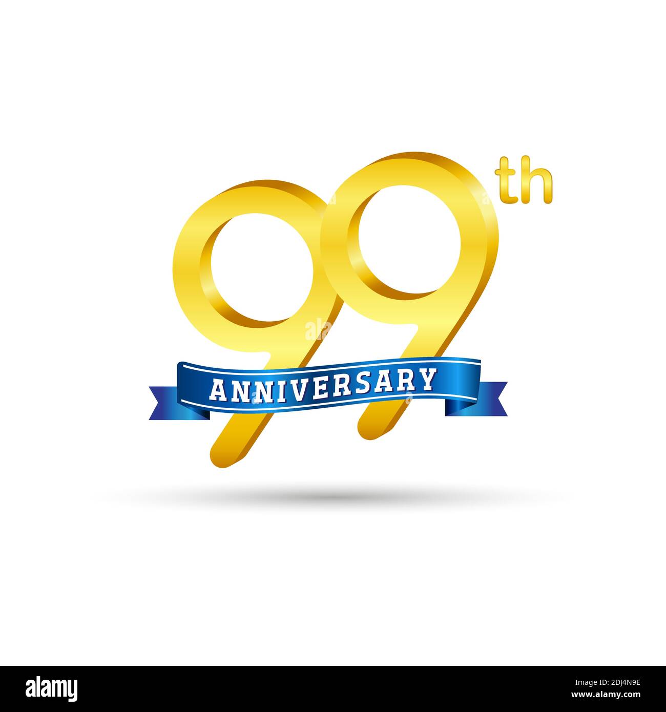 99. Goldenes Anniversary Logo mit blauem Band isoliert auf weißem Hintergrund. 3D-Gold-Anniversary-Logo Stock Vektor