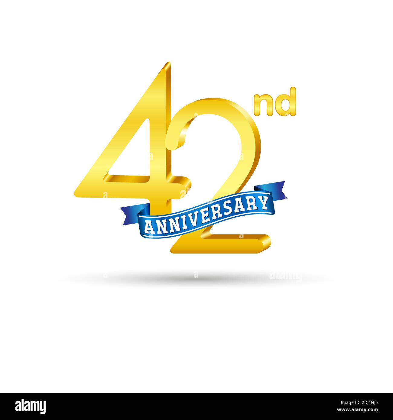 42. Goldenes Anniversary Logo mit blauem Band isoliert auf weißem Hintergrund. 3D-Gold-Anniversary-Logo Stock Vektor