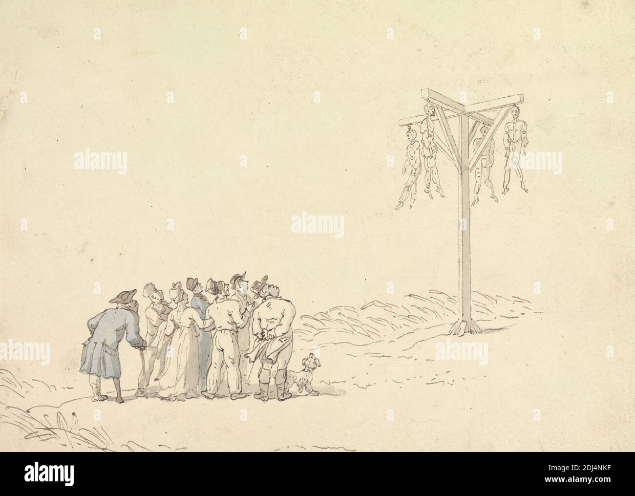 Crowd by a Gibbet, Thomas Rowlandson, 1756–1827, britisch, undatiert, Aquarell mit Feder und brauner Tinte, über Graphit auf Medium, glatt, beige, Wobentpapier, auf schwerem Brett montiert, Blatt: 6 x 8 3/8 Zoll (15.2 x 21.3 cm), Menge, Tod, Hinrichtung (Event), Genresubjekt, Gibbet, Hüte, Männer, Piraten, Salz, Frau Stockfoto