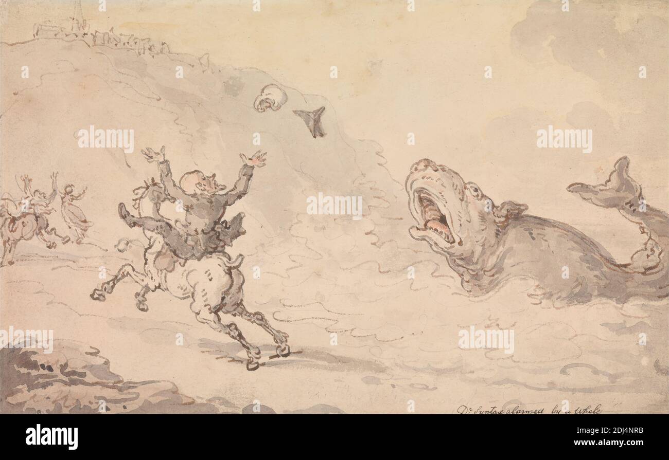 DR Syntax alarmed by a Whale, Thomas Rowlandson, 1756–1827, British, 1812, Aquarell mit Feder und rot-brauner Tinte über Graphit; rückseitig, unten links: Farbspritze aus rotem, grünem und blauem Aquarell auf mittlerem, mäßig strukturiertem, beigem, gewobenem Papier, Blatt: 5 5/8 x 9 Zoll (14.3 x 22.9 cm), ältere Menschen, Genre-Thema, Hut, Hügel, Pferd (Tier), Mann, Meereskunst, Dorf, Wasser, Perücke Stockfoto