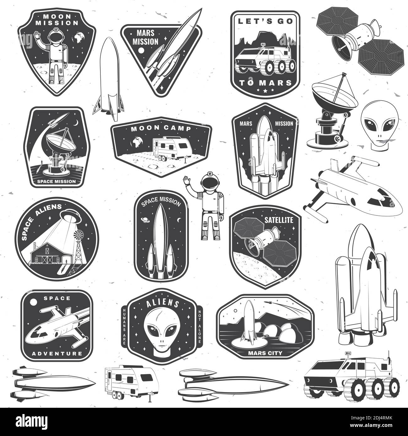 Set von Space Mission Logo, Abzeichen, Patch. Vektor Illustration Konzept  für Hemd, Druck, Stempel. Vintage Typografie Design mit Raumrakete, Alien,  mars City, Wohnmobil auf dem Mond und Erde Silhouette Stock-Vektorgrafik -  Alamy