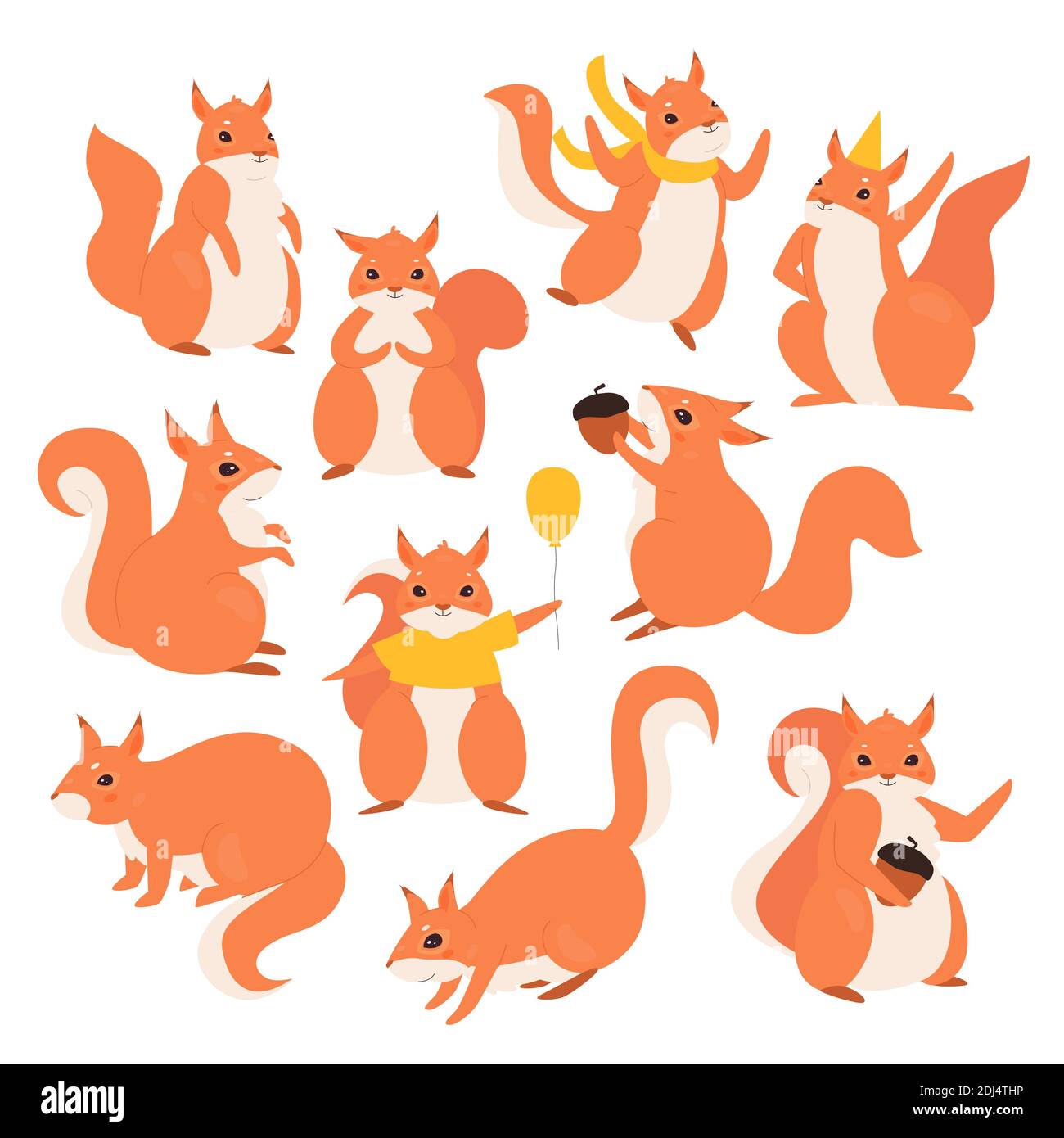 Eichhörnchen Vektor Illustration Set. Cartoon nette lustige pelzigen Eichhörnchen Figuren Sammlung, flauschige wilde Tiere halten Eichel oder Geburtstagsballon, tragen Urlaubsmütze und springen isoliert auf weiß Stock Vektor