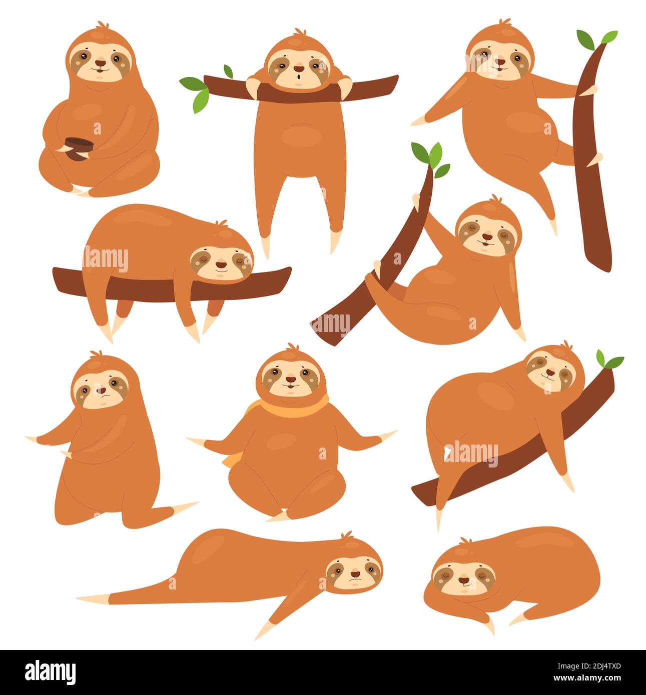 Sloths Vektor-Illustrationsset. Cartoon niedlich faul verschiedene Posen von Faultieren Charaktere Sammlung, lustige braune Tier schlafen auf tropischen Baum Zweig im Dschungel, hängen und schlafen isoliert auf weiß Stock Vektor
