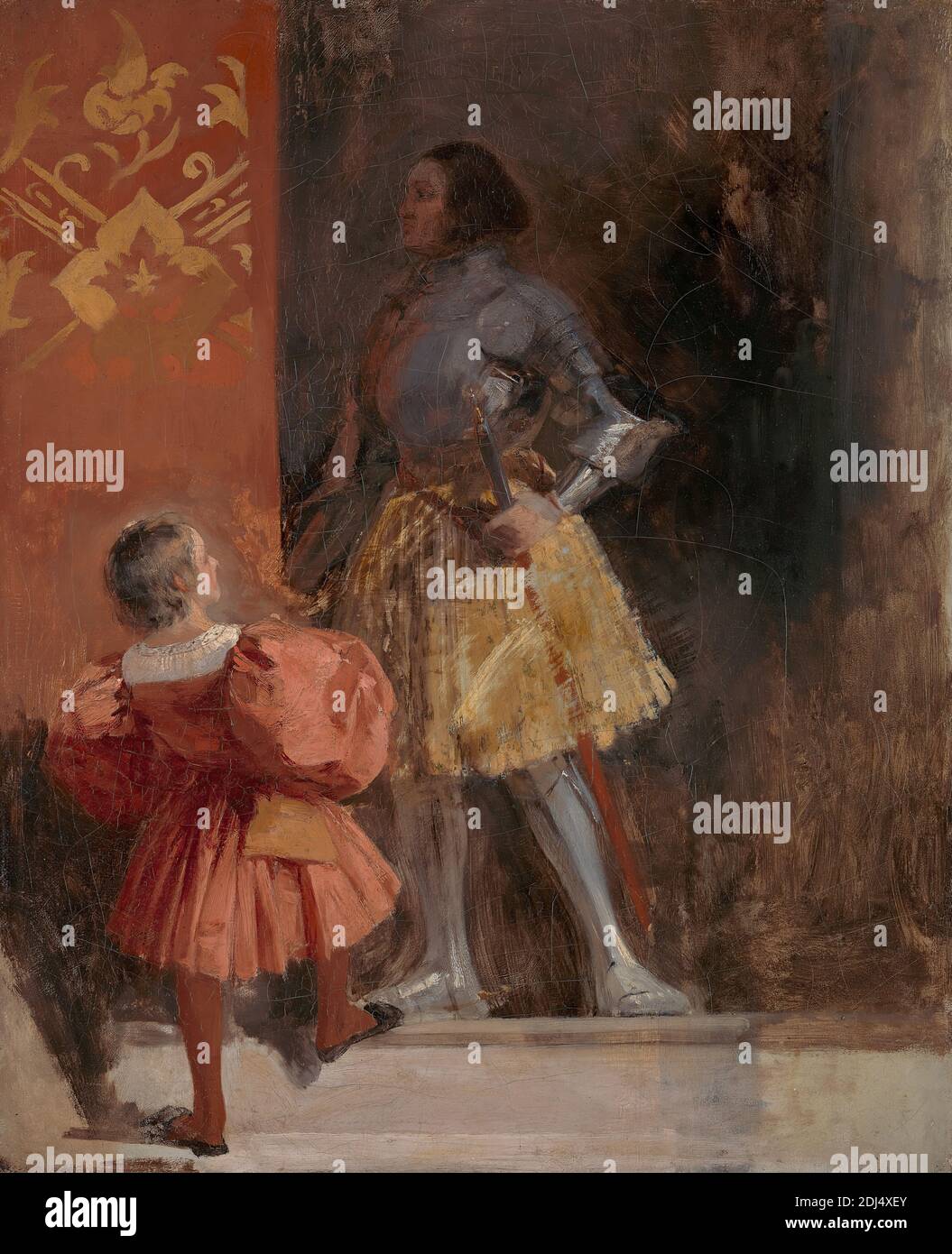 Ein Ritter und eine Seite (aus Johann Wolfgang von Goethes „Götz von Berlichingen“), Richard Parkes Bonington, 1802–1828, britisch, ca. 1826, Öl auf Leinwand, Stütze (PTG): 18 1/4 x 15 Zoll (46.4 x 38.1 cm), Banner, Junge, braun, Kostüm, Wappen, Flagge, Götz von Berlichingen (1773), Drama von Johann Wolfgang von Goethe (1749–1832), Ritter (Grundbesitzer), literarisches Thema, Mann, rot, Diener, Röcke (Kleider), Treppen, Stufen, Schwerter, gelb Stockfoto