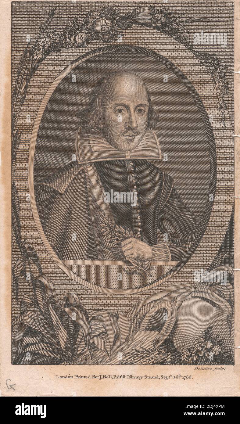 Ohne Titel: Portrait of William Shakespeare, Jean Marie Delatre, 1746–1840, French, 1786, Radierung und Strichgravur auf Leinenpapier, Blatt: 9 5/16 x 3 7/16in. (23.7 x 8,7 cm Stockfoto