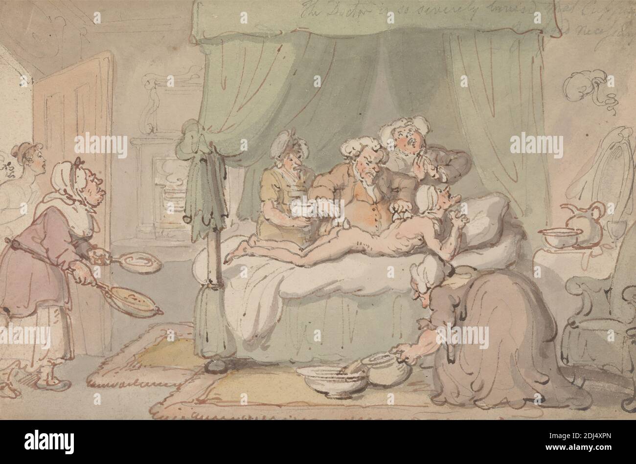 Der Arzt ist so schwer verletzt, dass das Schröpfen als notwendig erachtet wird", Thomas Rowlandson, 1756–1827, britisch, zwischen 1809 und 1811, Aquarell mit Feder und brauner Tinte und Graphit auf mittlerem, mäßig strukturiertem, cremefarbenem Papier, Blatt: 5 1/2 x 8 3/8 Zoll (14 x 21.3 cm), Waschbecken, Bett, Bettpfannen, Schlafzimmer, Schröpfschalen, Ärzte, Arzt, Eingang, Kamin, Genre Thema, Glas, Medizin, Männer, Arzt, Kissen, Teppiche, Wissenschaft, Diener, Eitelkeit, Frauen Stockfoto