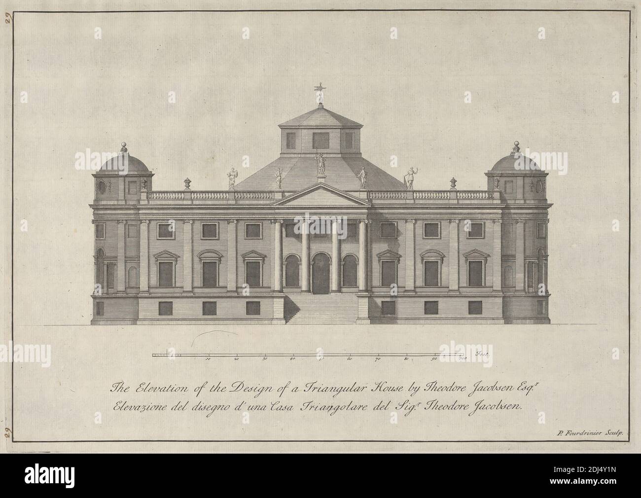 The Elevation of the Design of a Triangle House by Theodore Jacobsen Esqr., Paul Fourdrinier, French, after Theodore Jacobsen, gest. 1772, britisch, undatiert, Radierung auf mäßig dickem, leicht strukturiertem, cremefarbenen Papier, Blatt: 10 7/8 x 16 3/16 Zoll (27.6 x 41.1 cm), Platte: 9 11/16 x 13 5/8 Zoll (24.6 x 34.6 cm), und Bild: 9 1/4 x 13 5/16 Zoll (23.5 x 33.8 cm), Bögen, Architekturzeichnung, architektonisches Thema, Säulen, Kuppel, Design, Höhe (Zeichnung), Haus, Maße, Neo-Klassik, Giebel, Plan (Zeichnung), Reliefs, Maßstab (Regel), Statuen, dreieckig, Fenster Stockfoto The Elevation of the Design of a Triangle House by Theodore Jacobsen Esqr., Paul Fourdrinier, French, after Theodore Jacobsen, gest. 1772, britisch, undatiert, Radierung auf mäßig dickem, leicht strukturiertem, cremefarbenen Papier, Blatt: 10 7/8 x 16 3/16 Zoll (27.6 x 41.1 cm), Platte: 9 11/16 x 13 5/8 Zoll (24.6 x 34.6 cm), und Bild: 9 1/4 x 13 5/16 Zoll (23.5 x 33.8 cm), Bögen, Architekturzeichnung, architektonisches Thema, Säulen, Kuppel, Design, Höhe (Zeichnung), Haus, Maße, Neo-Klassik, Giebel, Plan (Zeichnung), Reliefs, Maßstab (Regel), Statuen, dreieckig, Fenster Stockfoto